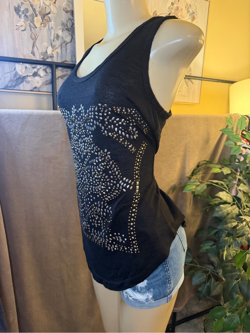 MADRAG Black Rhinestone Embellished Racerback Tank Top Size L - Picture 3 of 8